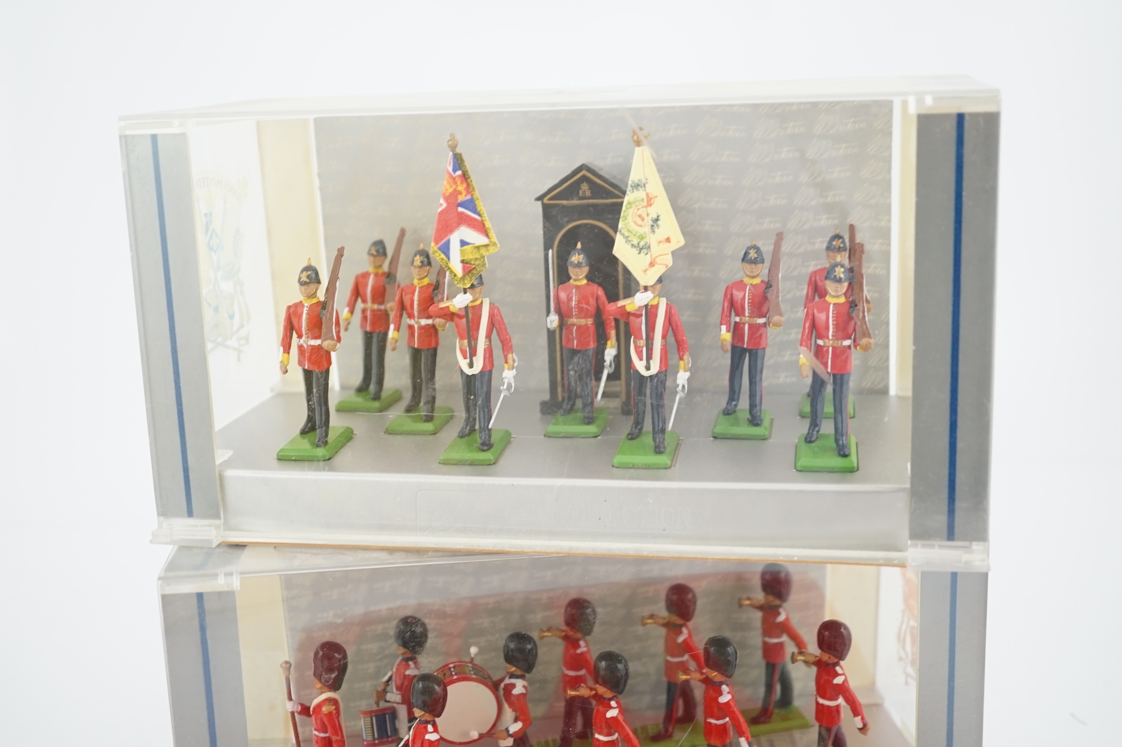 Twelve boxed 1980s and later Britains soldier sets including; two 21st Lancers (8807), U.S. Marine Corps (7303), Lifeguards (5184), Seaforth Highlanders (5185), The Irish State Coach (00254), etc.
